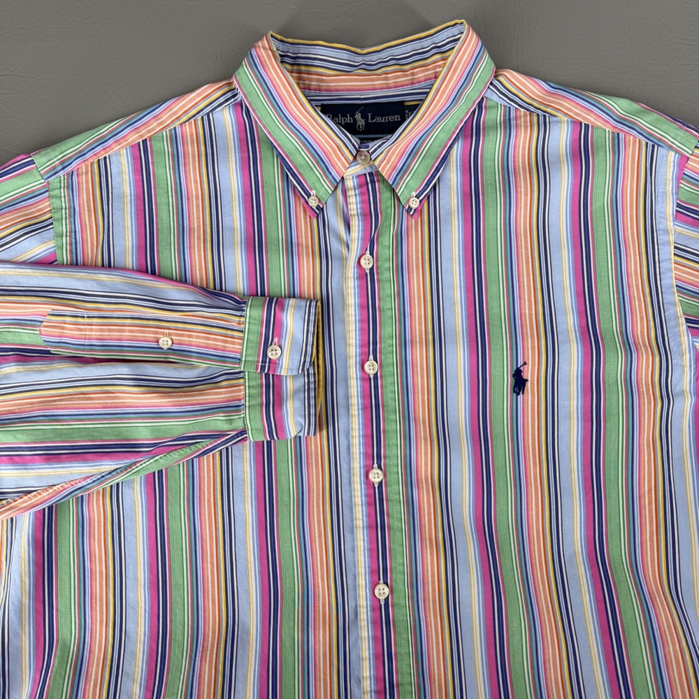 Ralph Lauren Mens Classic Fit Multi Color Striped Cotton Button Down Shirt 17.5